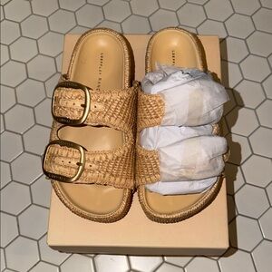 Loeffler Randall Beige Woven Slides with Gold Buckles